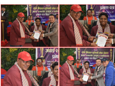 Guest folk singer Namraj at the ‘2nd Vishal Lumbini Folk Dohori Award-2023’ ceremony